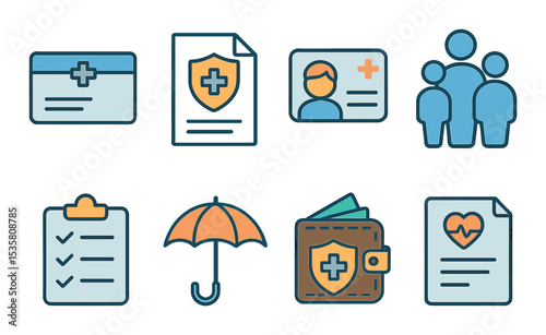 Health insurance icons set — outline, coverage and policy symbols for protection