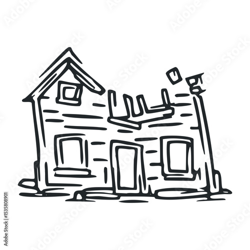 Cartoon sketch of a dilapidated house with broken roof – stock vector icon in line drawing style