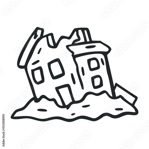 Cartoon illustration of collapsed building in rubble – stock vector icon in line drawing style