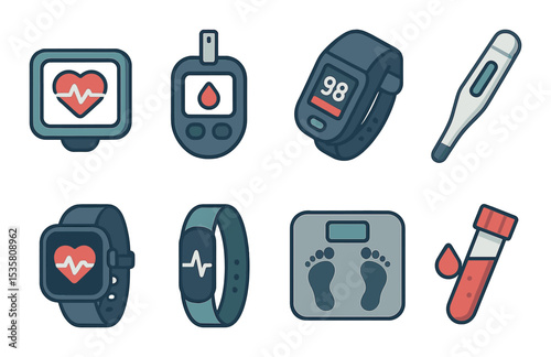 Health monitoring icons set – flat, wellness and fitness tracker symbols
