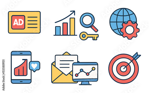 Digital marketing icons set – flat, online promotion and advertising symbols collection