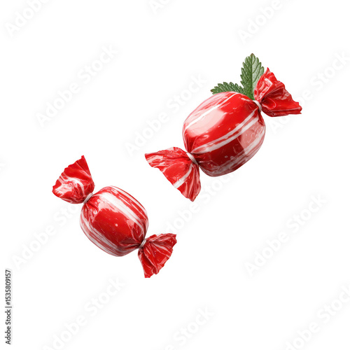 Two red and white striped peppermint candies wrapped in shiny plastic with mint leaf accent. candies are arranged diagonally against plain background, creating festive and sweet appearance