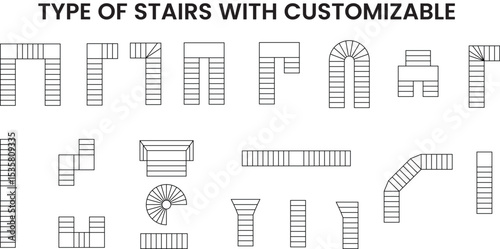 Type of stairs icons set, floor plan, architecture blueprint isolated, interior design, customizable stroke, vector, illustration