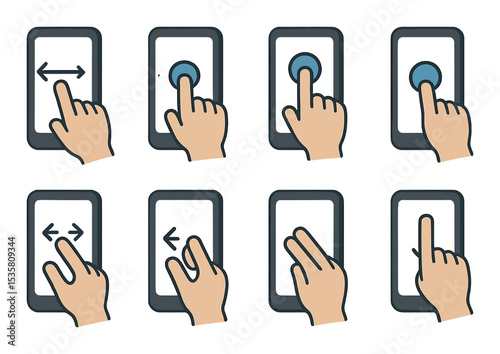 Mobile gesture icons set – flat, touchscreen and hand interaction symbols