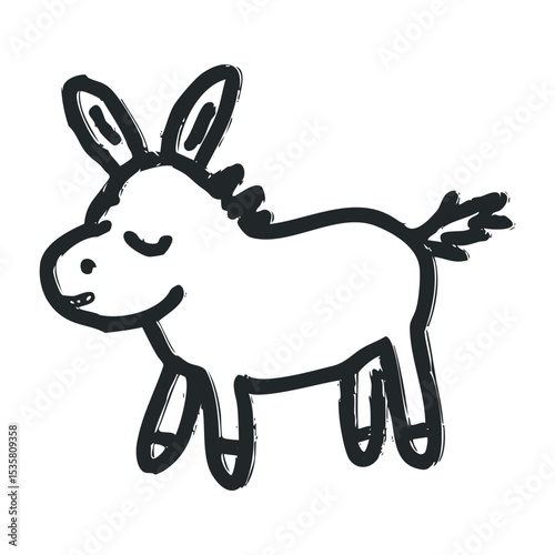 Cute cartoon donkey drawing with smiling expression – stock vector icon in line drawing style