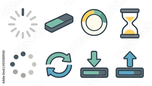 Loading and progress icons set – outline, buffering and status indicators