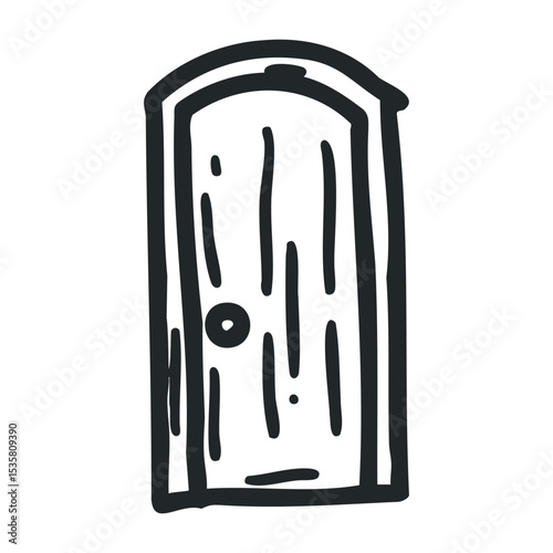 Hand-drawn wooden door with arched top and simple knob design – stock vector icon in line drawing style