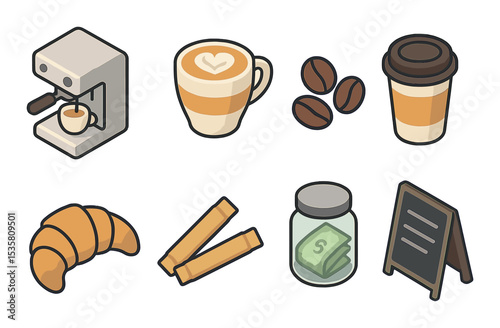 Coffee shop icons set – flat, cafe and barista themed graphical symbols