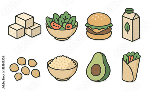 Vegan food icons set – flat style, plant-based and healthy eating symbols