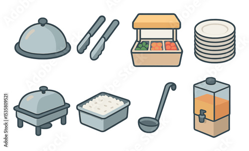 Buffet and dining icons set - flat, food service and catering symbols