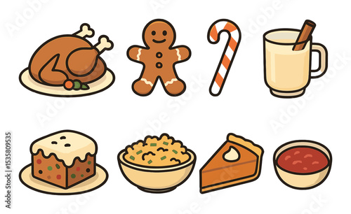 Holiday food icons set – flat, festive and seasonal culinary symbols
