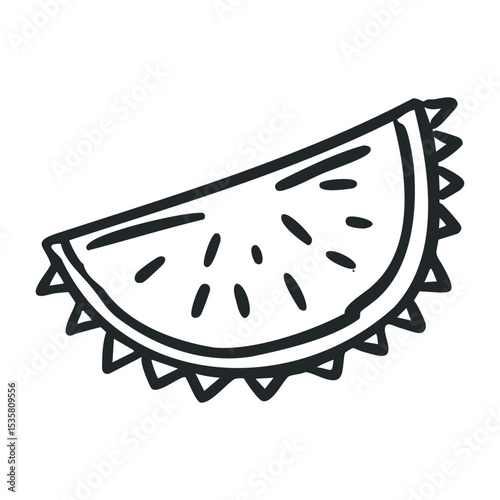 Hand-drawn slice of exotic durian fruit with spiky skin illustration – stock vector icon in line drawing style