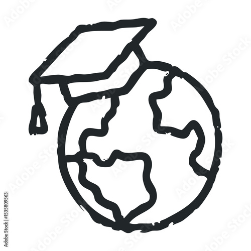 Earth illustration with graduation cap symbolizing global education – stock vector icon in line drawing style