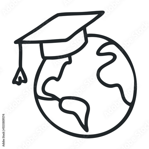 Graduation cap on globe illustration representing global education and learning – stock vector icon in line drawing style