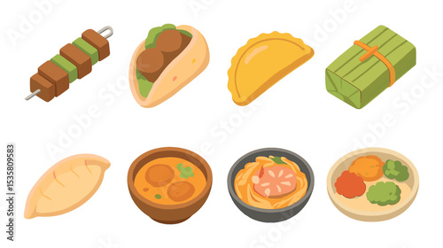 Exotic cuisine icons set – flat, culinary symbols and gourmet food graphics