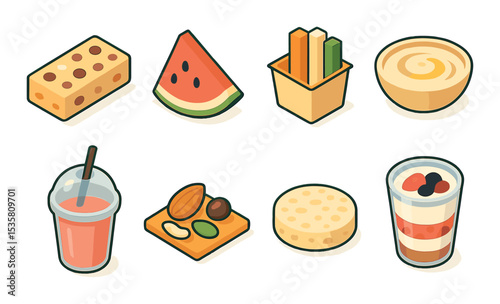 Healthy snack icons set – flat, nutritious food and diet symbols