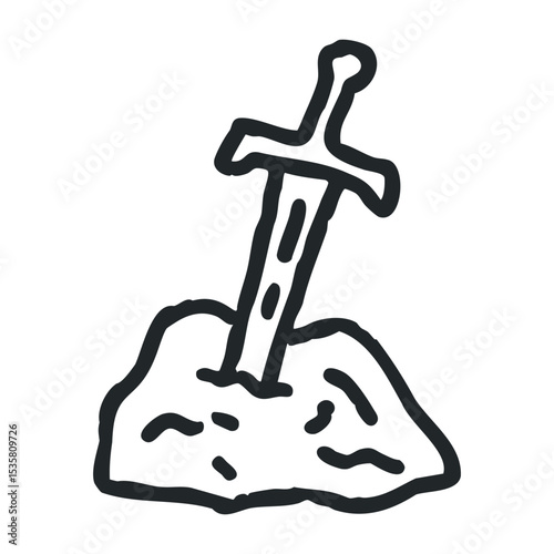 Legendary sword embedded in stone icon depicting mythical tale – stock vector icon in line drawing style
