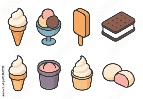 Ice cream varieties icons set – flat, dessert and sweet treat symbols for menus