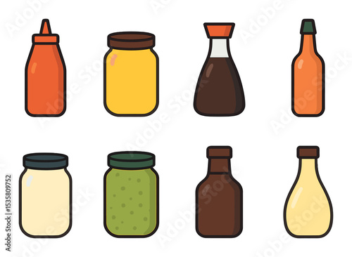 Condiment and sauces icons set – outline, seasoning and spice design elements