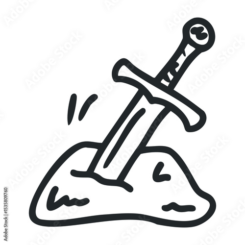 Sword embedded in stone: iconic symbol of legend and power – stock vector icon in line drawing style