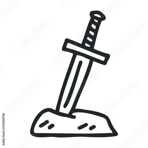 Simple black and white sword in stone illustration – stock vector icon in line drawing style