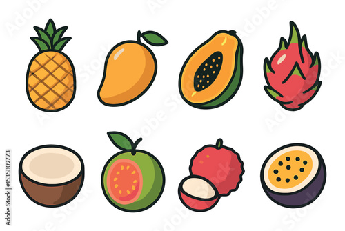 Tropical fruit icons set – flat, fruity and vibrant design symbols for digital projects