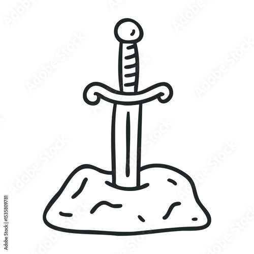 Hand-drawn sword in stone icon with simple line art style – stock vector icon in line drawing style