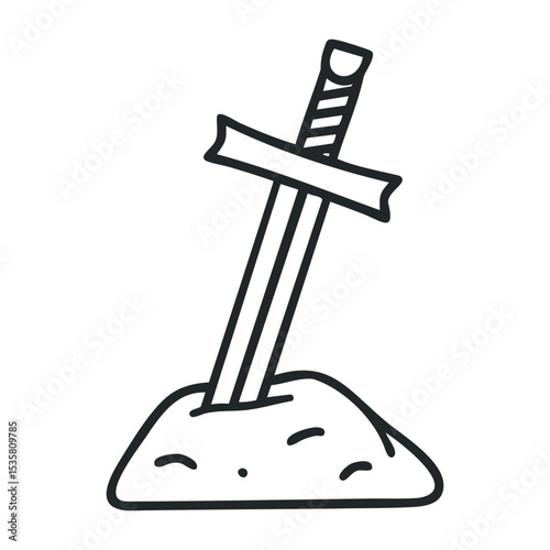 Medieval sword embedded in stone depicting legendary scene – stock vector icon in line drawing style