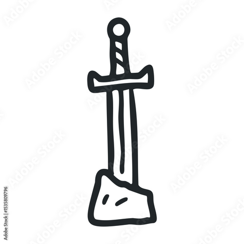 Hand-drawn sword in stone icon symbolizing legendary power – stock vector icon in line drawing style