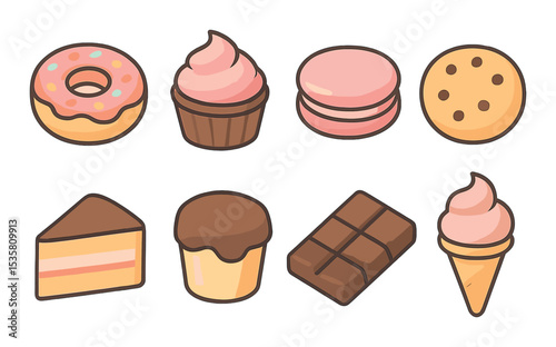 Colorful dessert icons set – flat style, sweet treats and confectionery symbols