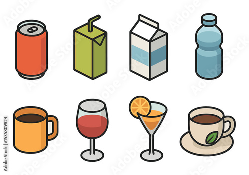 Colorful drink icons set – line style, beverage and refreshment symbols for design