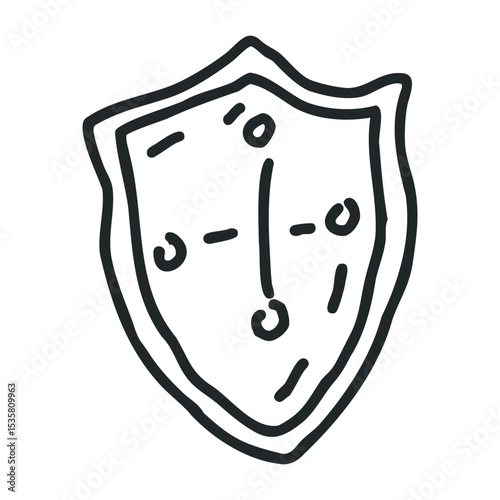 Hand-drawn shield with cute smiley face doodle illustration – stock vector icon in line drawing style