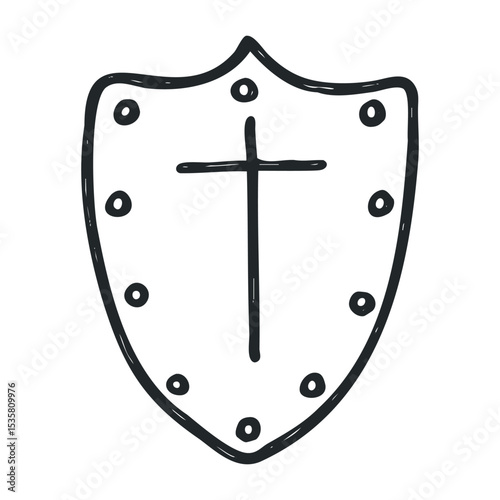 Hand-drawn shield with cross and studs symbolizing protection and faith – stock vector icon in line drawing style