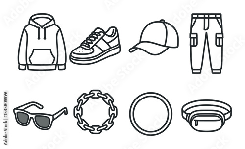 Streetwear icons set – outline style for fashion and urban style design elements