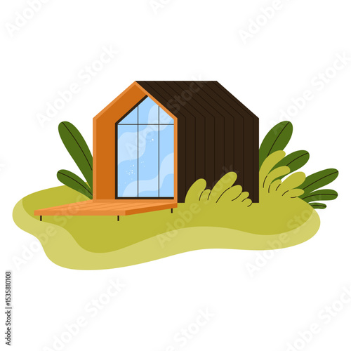 Modern A-frame house with glass front and dark wooden siding. Tiny eco-friendly cabin. Cozy modular house in nature. Sustainable architecture concept. Flat vector illustration in clean cartoon style
