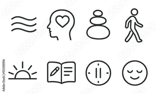Mindfulness and wellness icons set – outline, meditation and relaxation graphics