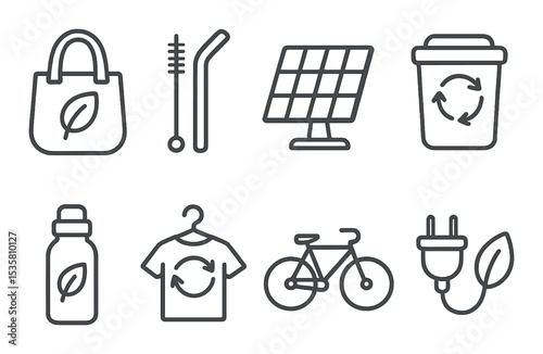 Sustainable lifestyle icons set: outline, eco-friendly and green living symbols