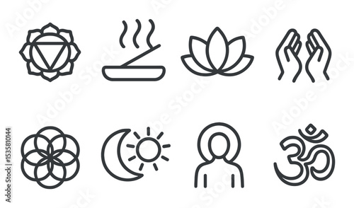 Spiritual symbols silhouette icons set – sacred, meditation and peace designs