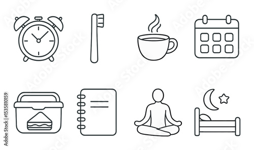Daily routine line icons set – simple, lifestyle, and daily activity symbols