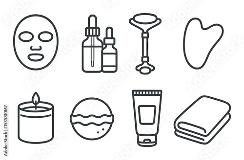 Self care essentials icons set – outline, wellness and spa therapy symbols