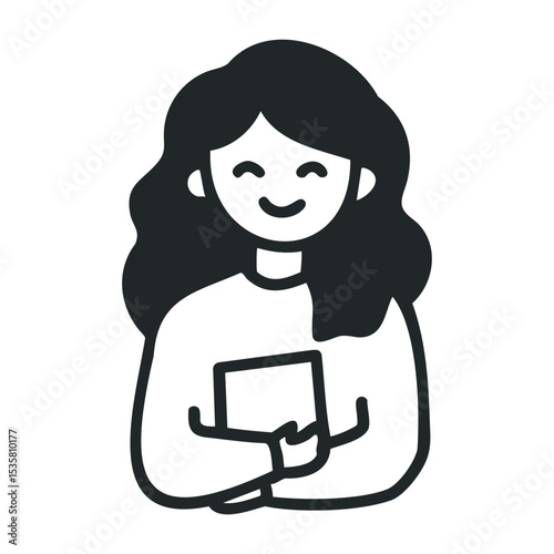 Smiling young female holding tablet in minimalist black and white design – stock vector icon in line drawing style
