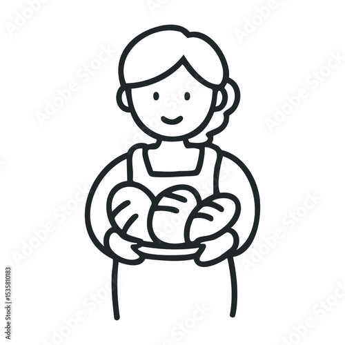 Cartoon female baker holding bread with cheerful expression – stock vector icon in line drawing style