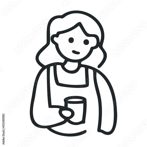 Young caucasian female holding a cup in simple line art illustration – stock vector icon in line drawing style