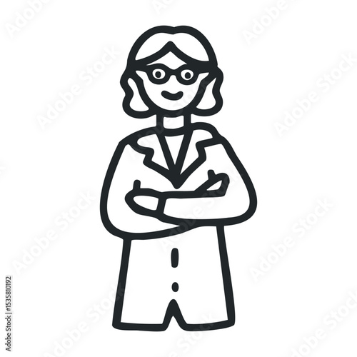 Female scientist cartoon drawing with glasses and lab coat – stock vector icon in line drawing style