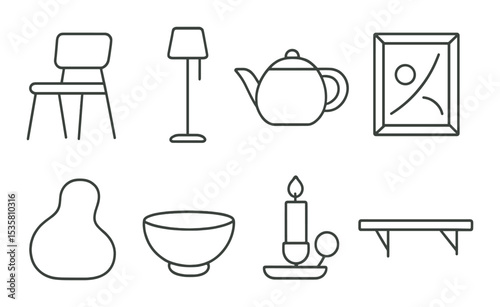 Home and decor line icons set – minimalist, interior and furniture symbols