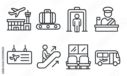 Airport and travel icons set – linear, simple airport and holiday symbols