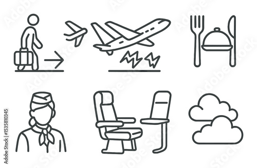 Flight experience icons set – outline, aviation and travel essentials symbols