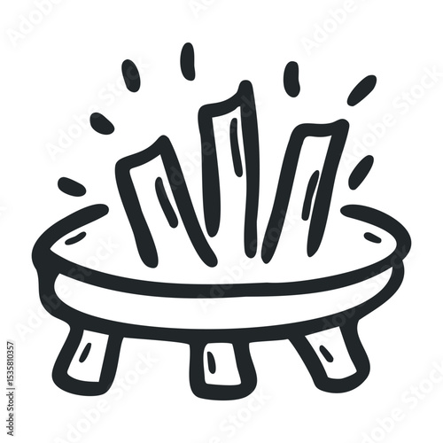 Hand-drawn campfire in a stone pit with logs burning – stock vector icon in line drawing style