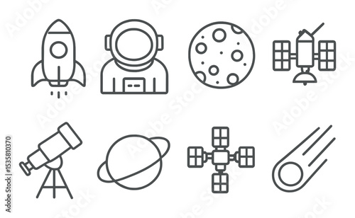Space travel icons set – outline, astronomy and exploration design elements