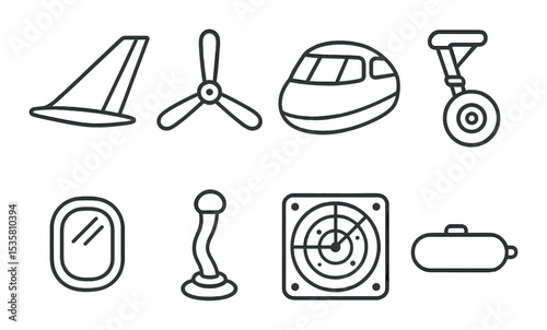 Aviation parts icons set – silhouette, aircraft and aerospace components symbols